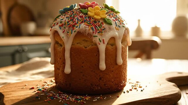 Traditional Easter cake with white icing and colorful sprinkles on a wooden board. Festive holiday bread in a sunlit kitchen. Kulich dessert concept