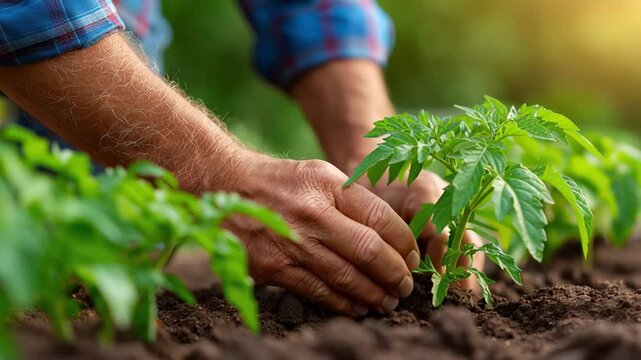 Gardener hands place a young tomato seedling into dark soil outdoors, press and smooth the earth, adjust the stem upright, and finish with a gentle pat as sunlight glows.