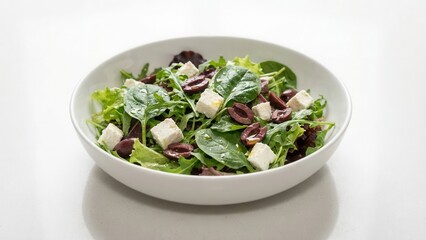 Vibrant Vegan Mixed Greens Salad with Olives and Crumbled Feta in a White Bowl