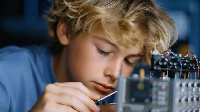 Teen student concentrates while assembling electronics at a workbench with circuit boards. He positions a small tool, adjusts components, and leans closer as the camera subtly reframes.