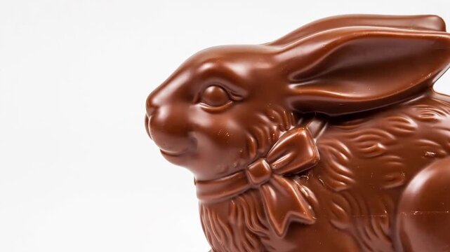 Close-up of a chocolate Easter bunny on a white background. Slow zoom on a traditional milk chocolate holiday treat. Sweet seasonal candy concept
