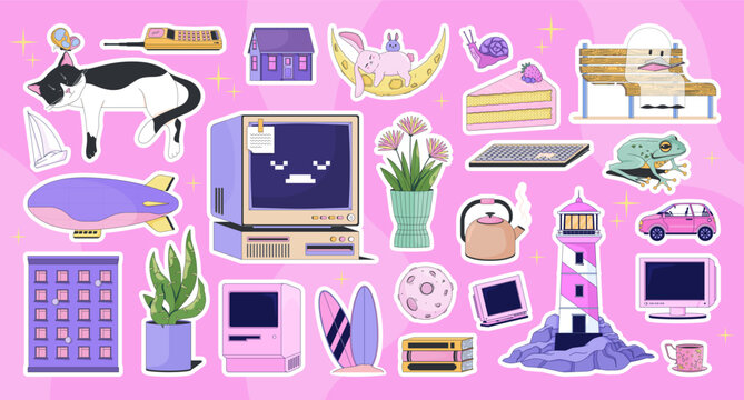 Retro Y2K and preppy aesthetic colorful die-cut sticker sheet. Nostalgic kawaii. Cozy 2000s cute vibe. Flat cartoon collage design. Vector illustration. Labels pack for journaling, scrapbooking