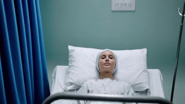 Woman in hospital gown lies still on a bed