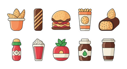 Colorful food and drink icons set on white background for various concepts