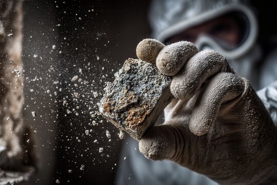 gloved hand holding a sample of crumbling asbestos insulation