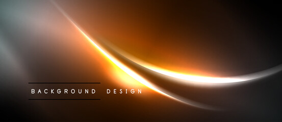 Naklejka premium Abstract design features flowing orange, white lines. Dark background creates dramatic visual effect. Modern, sleek presentation.