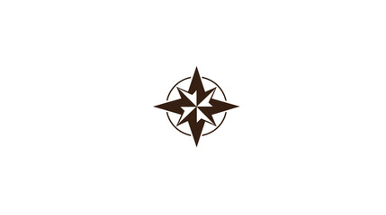 A simple, brown, compass rose inside a circle on a stark white background