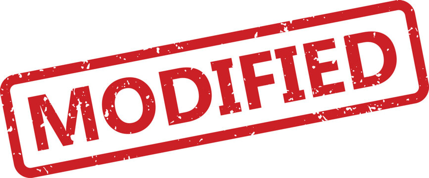 A prominent red textured rubber stamp with the word MODIFIED presented diagonally on a clean white surface