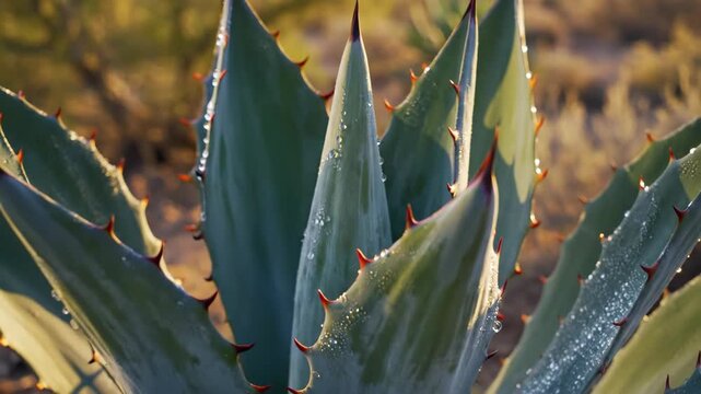 Closeup macro of agave plant with dew drops on spiky green leaves