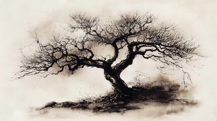 Obraz premium A large-crowned autumn tree illustration without leaves.