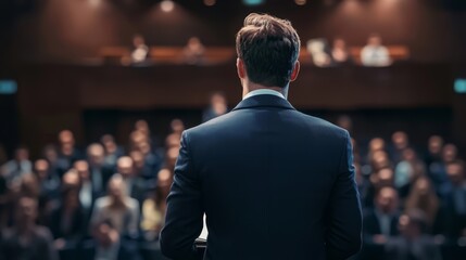 Fototapeta premium The back view of a speaker captivates a crowd during an intense debate.