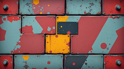 Grungy Stylized Metal Wall Texture with Colorful Paint Splatters, Industrial Rivets, and Hand-Painted Game Art Finish