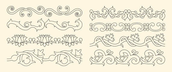 Obraz premium Seamless medieval ornaments with flowers, thorns, vines and swirls. Outline ornate borders with interwoven stems. Elegant victorian patterns in black color. Vector graphic