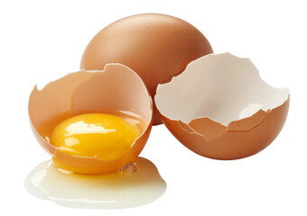 Fresh egg, a cracked egg revealing vibrant egg yolk and clear egg white, alongside an empty eggshell, perfect for cooking and baking.