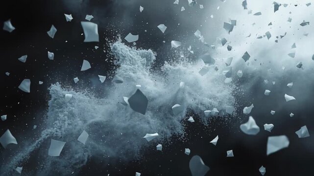 Small pieces of paper and dust particles exploding and floating against a dark background