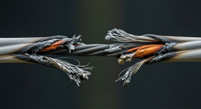 Severed electrical cable with frayed wires and exposed copper conductors. Damaged insulation revealing inner components. Electrical safety hazard and wiring repair concept for industrial maintenance