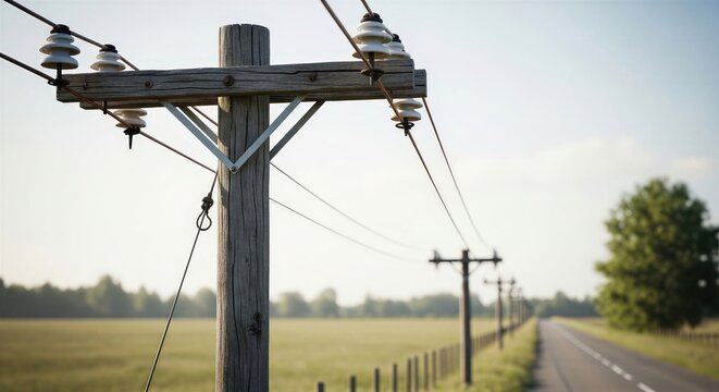 Wooden utility pole supporting power lines across rural field. Energy infrastructure in countryside landscape. Rural electrification and transmission concept for power grid illustration