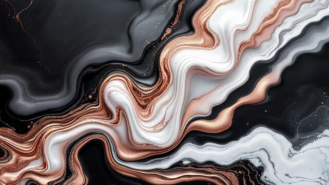 Elegant mixture of black, white, and copper liquid paints creating a beautiful marbled texture