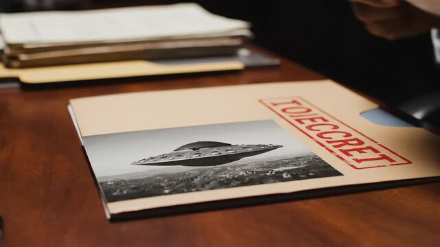 Secret document with UFO photo, government conspiracy, classified information, alien investigation