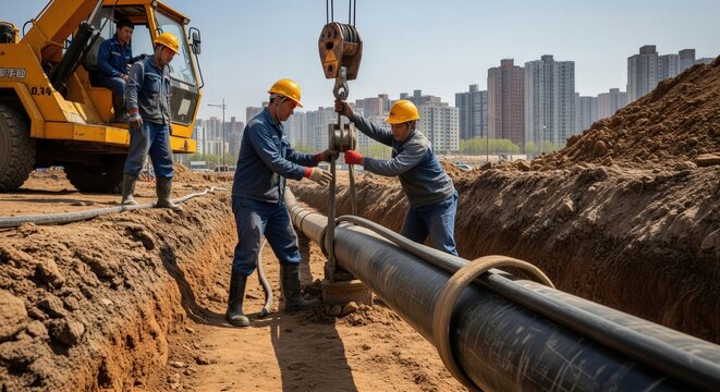 Asian construction workers guiding large pipe with crane into urban trench. Infrastructure development and civil engineering in city building project