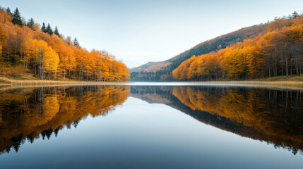 Fototapeta premium Reflection of colorful autumn trees in calm lake with mountain background under clear sky, peaceful nature scene with vibrant fall foliage