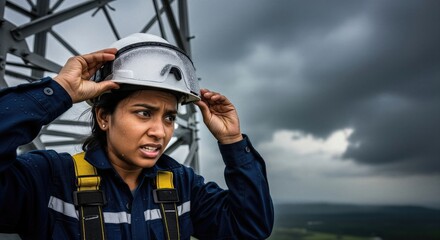 Woman engineer adjusting white hard hat on metal tower platform. Female safety worker in harness preparing for high altitude inspection. Occupational safety and industrial construction concept in