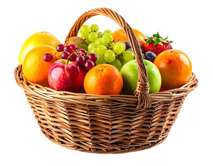 A rustic basket overflowing with a vibrant assortment of fresh, colorful fruit
