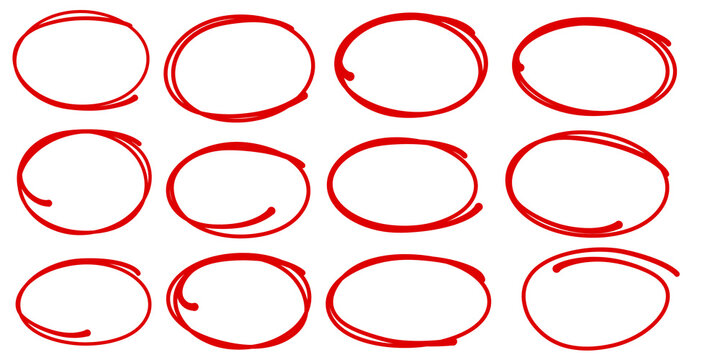 Circle frame set. Red highlighter circle on white background. Brush highlight text circles deign.