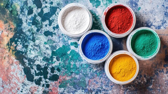 orpiment. Traditional mineral pigment powders for dancheong arranged on a painter's palette, vibrant colors on textured stone. event programs.