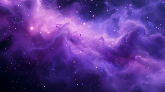 Celestial journey flying through a stunning cosmic cloud of purple gas and shining stars in deep space