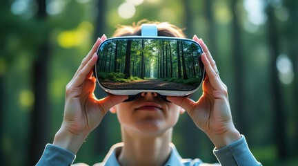 startup seed technology growth nature concept. Woman using virtual reality headset in forest with sun flare background