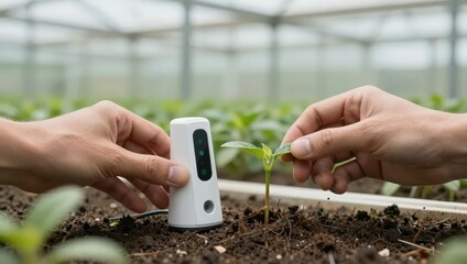 startup seed technology growth nature concept. Two hands tending a young plant with a digital soil sensor in a greenhouse.