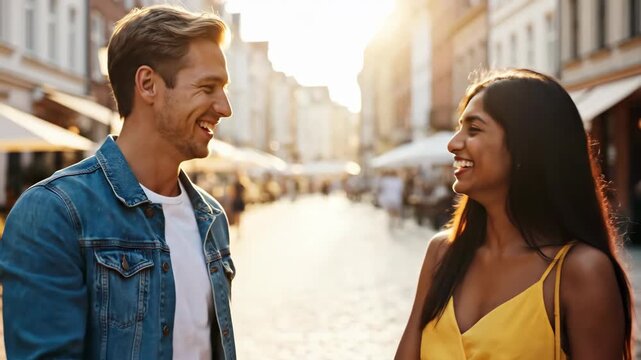 Diverse couple giving a high-five on a city street at sunset. Man and woman celebrating and laughing in an urban setting. Success and friendship concept
