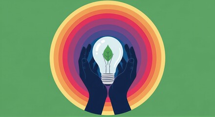 Fototapeta premium Hands cradling lightbulb with green plant inside. Sustainable innovation and eco-friendly idea concept. Environmental creativity and green technology illustration