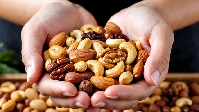 Woman holding a handful of various nuts and dried fruit in cupped hands above a wooden dish filled with snack food