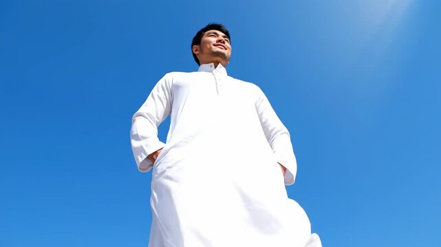 Young man in traditional white thobe looking up at the bright blue sky with the sun shining. Perfect video for Eid al Fitr or Ramadan.
