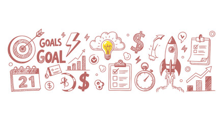 Vector business goal icons, including calendar, chart, clock, and rocket, for marketing or presentation, Isolated on transparent background, png