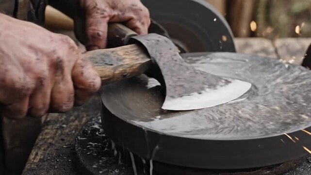 Sharpening a metal axe on a rotating wet grindstone. Craftsman hands working with flying sparks. Traditional tool maintenance and manual labor in a workshop