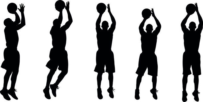 Set of basketball player silhouettes in shooting and jumping poses