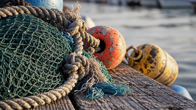Fishing nets and colorful buoys on wooden pier. Nautical marine equipment texture