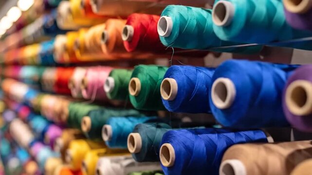 Colorful spools of thread arranged neatly on shelves, creating a vibrant and textured background.