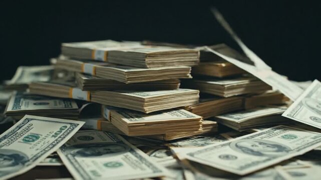 Stacks of US Dollar Bills Falling.