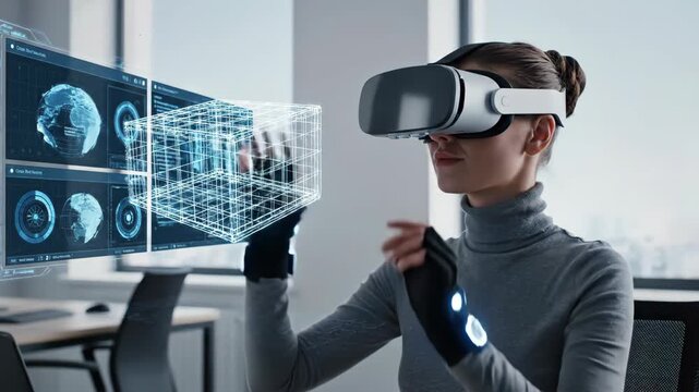 Woman wearing VR headset and haptic gloves interacting with holographic interface. Futuristic data analysis and coding in the metaverse. Virtual reality technology