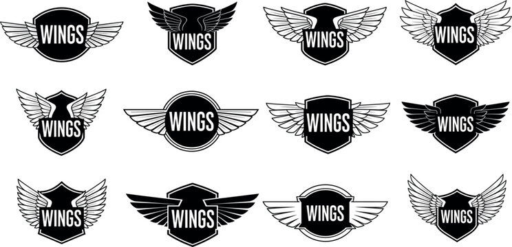 Set of vintage shield logos with wings for security military and automotive branding vector illustration