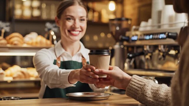 Smiling Barista Hands Coffee Cup to Customer Over Counter in Cozy Cafe