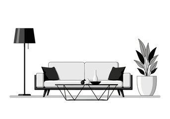 Fototapeta premium Modern Living Room Furniture Set with Sofa Coffee Table and Lamp.