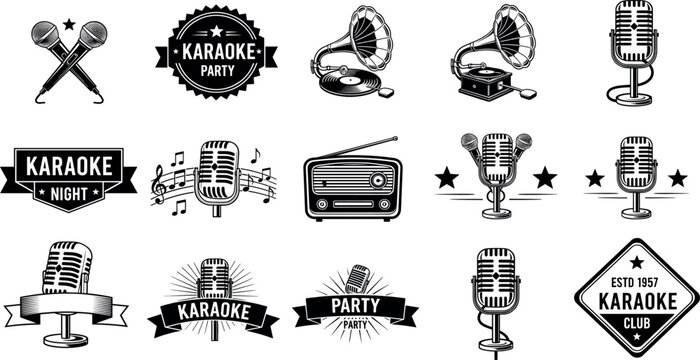 Vintage karaoke and music club logo set with retro microphones gramophones and radio icons vector illustration