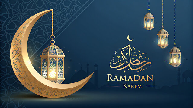 Ramadan Kareem lantern crescent moon greeting banner with Arabic calligraphy golden decor