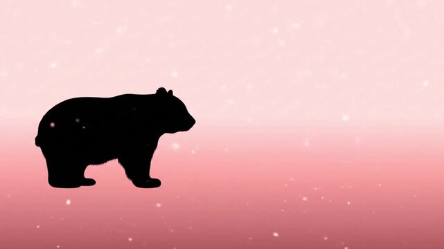 Black silhouette of a bear walking with sparkling effect on a gradient pink background, animation for child content