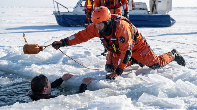 Rescuer man in orange uniform saving a drowning man from ice hole. Winter fishing safety and ice rescue training. Emergency first aid.